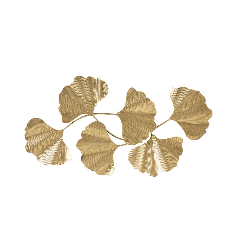 Dimensional Gold Metal Ginkgo Leaf Wall Artwork - 43"l X 23.5"h 1.6"d, Hang Vertically For Indoor Accent Single Piece Sculptural Keyhole Mount Vertical Installation On Surface