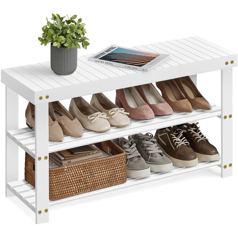 Banc de rangement pour 8 paires de chaussures, étagère à chaussures en bambou à 3 niveaux, Blanc nuage
