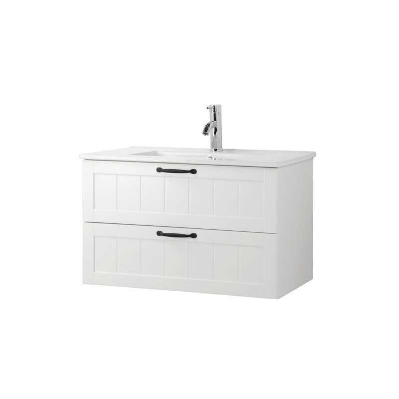 Armoire de meuble-lavabo 31,5 "avec lavabo, armoire flottante murale avec ligne décorative, système de fermeture en douceur, 2 très grands tiroirs, blanc