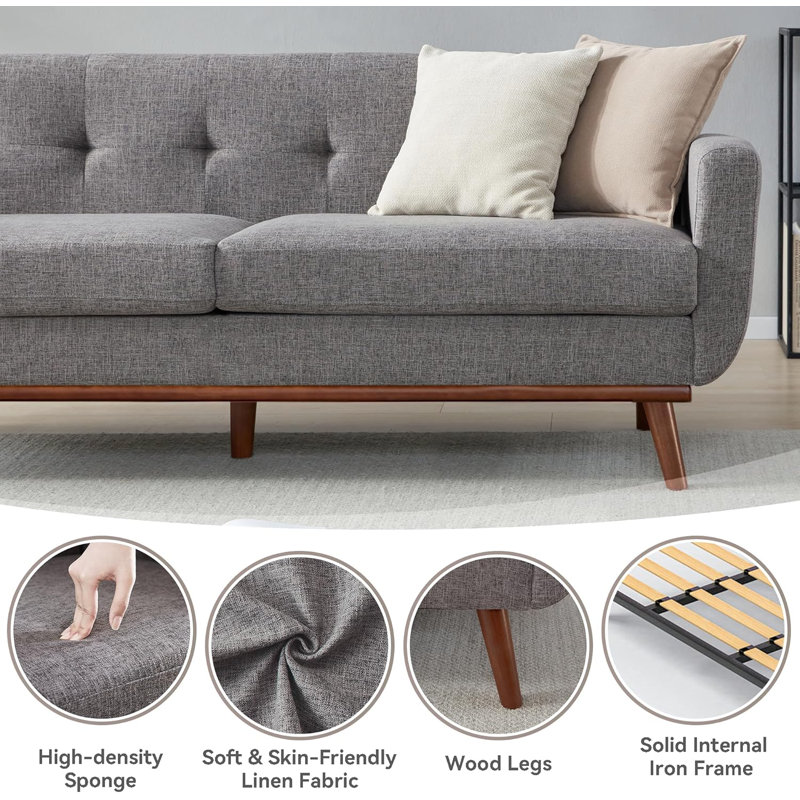 77.2" Mid Century Modern Tufted Linen Upholstered 3-Seater Sofa, Gray