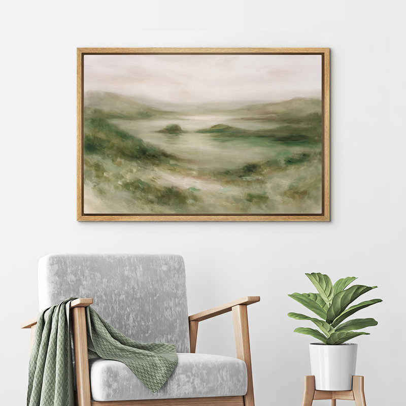 Douce colline verte surplombant un lac tranquille, reproduction d'art sur toile encadrée dans la chambre principale, Naturel