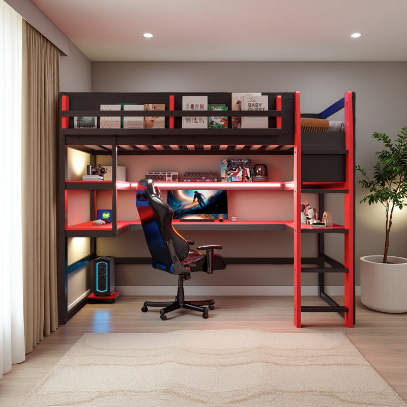 Lit mezzanine double en bois avec bureau, Rouge, Lit double