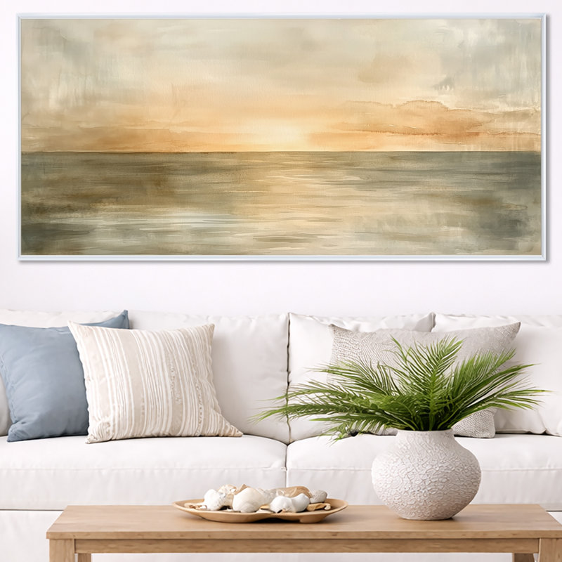 «Ocean Horizon», art mural, toile de bord de mer doux, H 28 po x l 60 po, Cadre flottant blanc