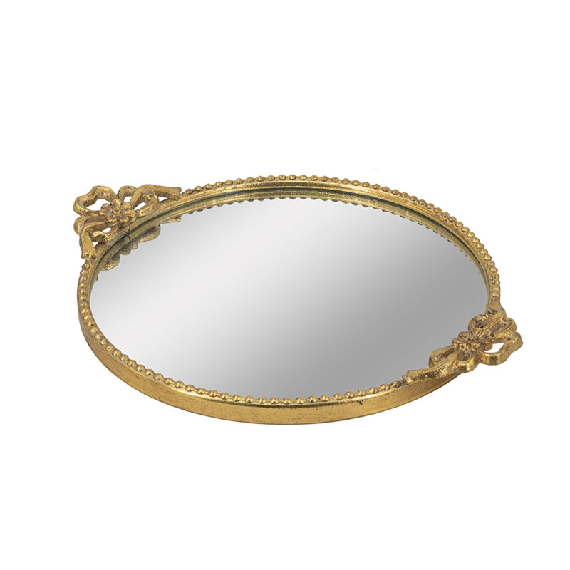 Plateau rond en fer 18 x 2 x 15 po avec cadre doré orné et surface en miroir