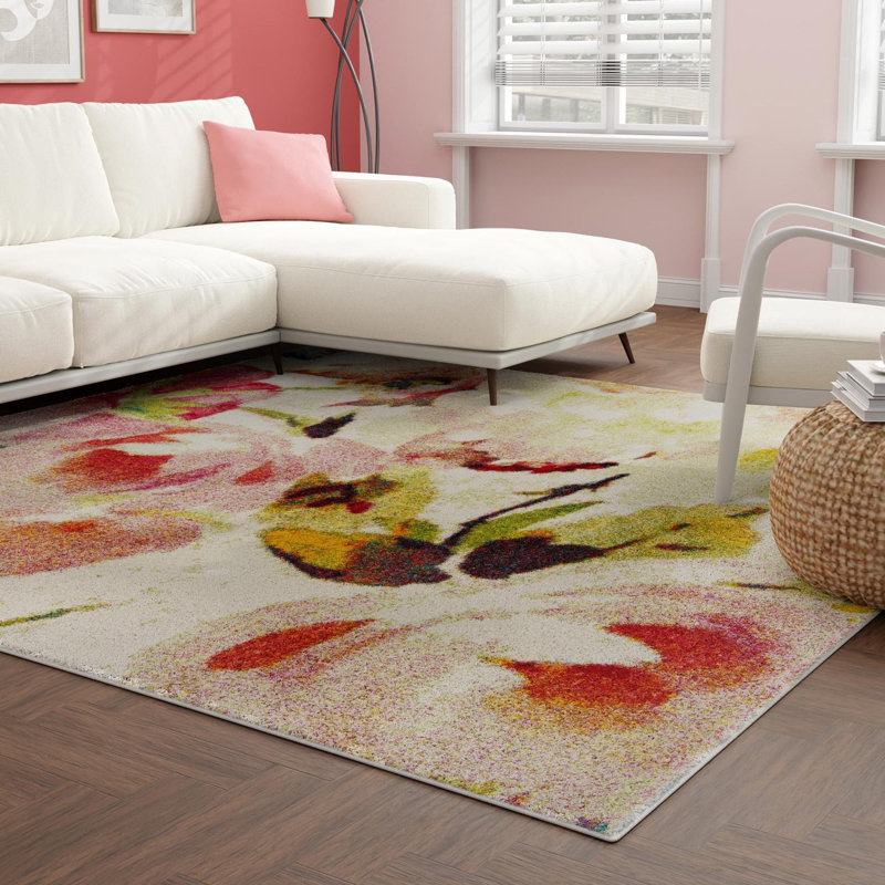Adelinah Floral Ivory/Green/Red Area Rug, Square 7'10"