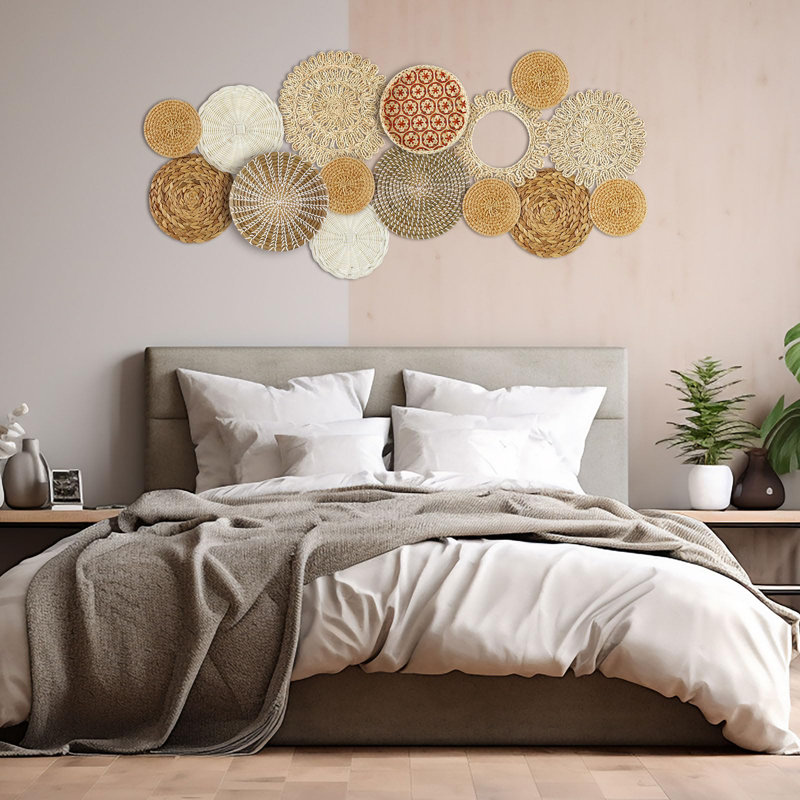 Handcrafted Round Seagrass Boho Wall Basket Set, 15 Pieces