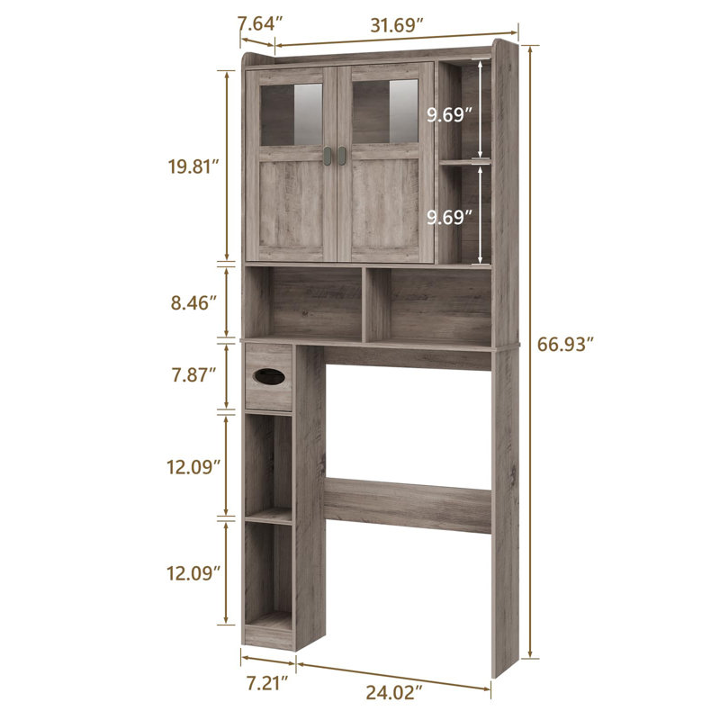 Gray Over-the-Toilet Storage Cabinet with Glass Doors and Adjustable Shelves
