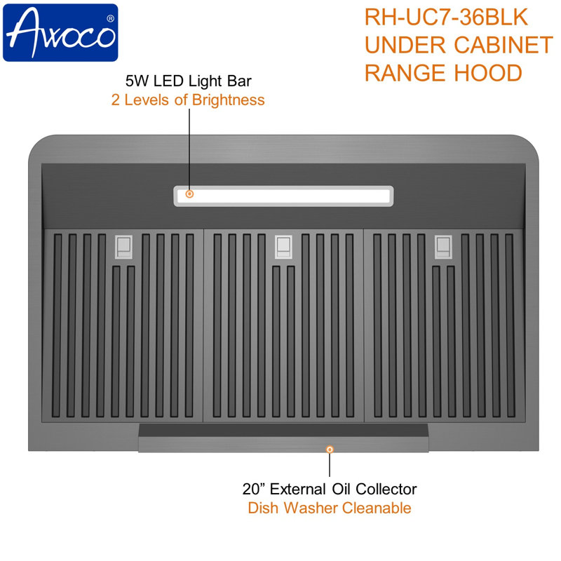 Hotte sous un meuble à conduit 36 pouces avec filtre à chicane et lumière incluse Awoco RH-UC7-36BLK