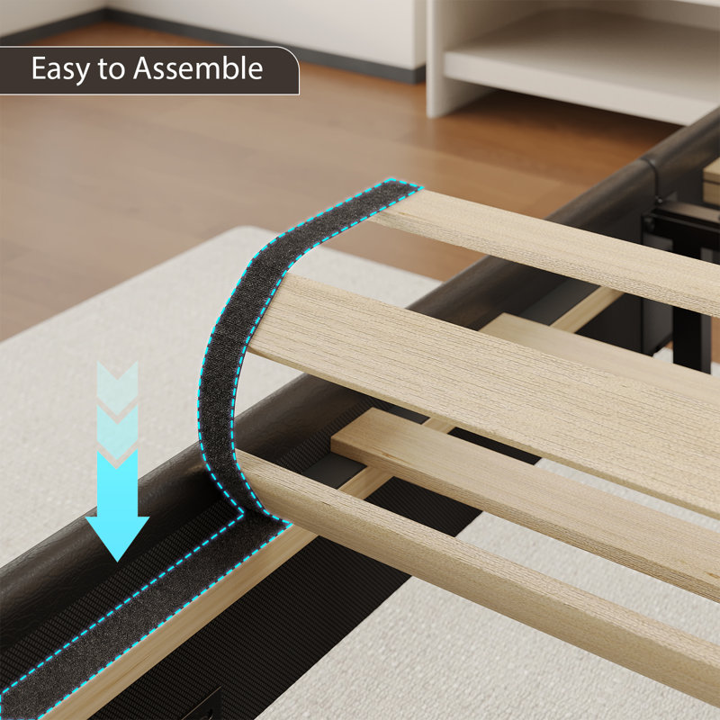 Floating Bed Frame Queen with Storage Headboard, Platform Bed Queen Size with Storage & LED Lights,Metal Floating Queen Bed Frame, No Box Spring Needed, Noise-Free, Easy Assembly, PU Black