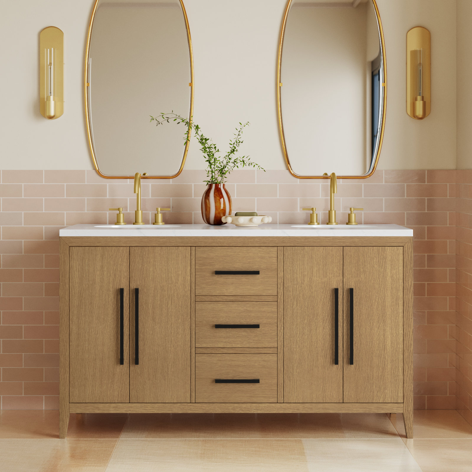 Alsup 60'' Double Bathroom Vanity with Quartz Top, Brown Oak