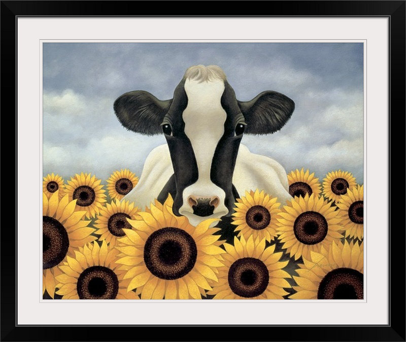 Luton entouré de tournesols Lowell Herrero, reproduction d'art, Cadre noir, H 20 po x l 23 po x P 1 po