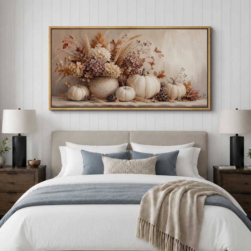 Neutre, citrouille, art floral, nature morte, H 30 po x l 60 po x P 1,5 po, Cadre naturel