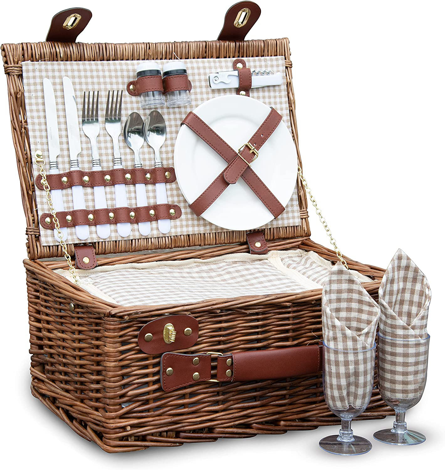 Panier Pique-Nique Luxe Pour 2 Personnes En Osier Avec Table Vin Bambou Amovible - Ensemble Complet Pour Couple Et Sorties Extérieures