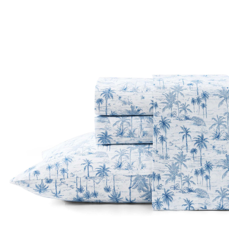Tommy Bahama Printed Percale Cotton Sheet Set, Queen Sheet Set with 2 Pillowcases, Blue Surfside