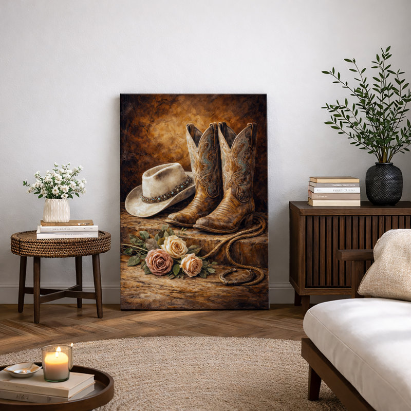 Illustration de nature morte, bottes de cowboy rétro, photos de salon rustique, impression sur toile, Toile tendue