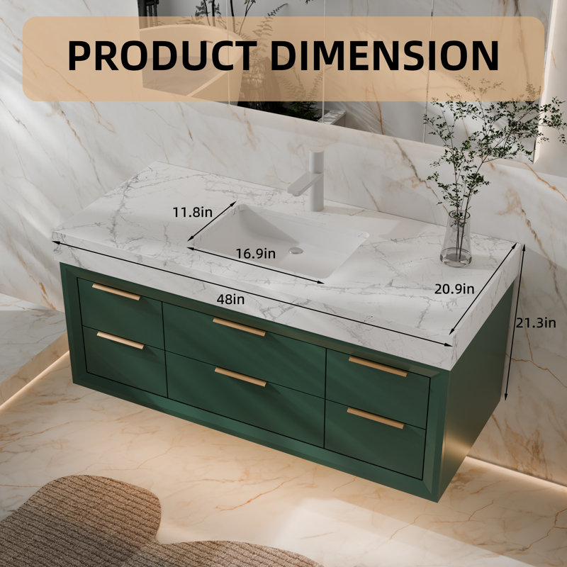 48" Wall-Mounted Single Sink Bathroom Vanity With White Stone Countertop, LED Light & Soft-Close Drawers, Modern Design, 48"