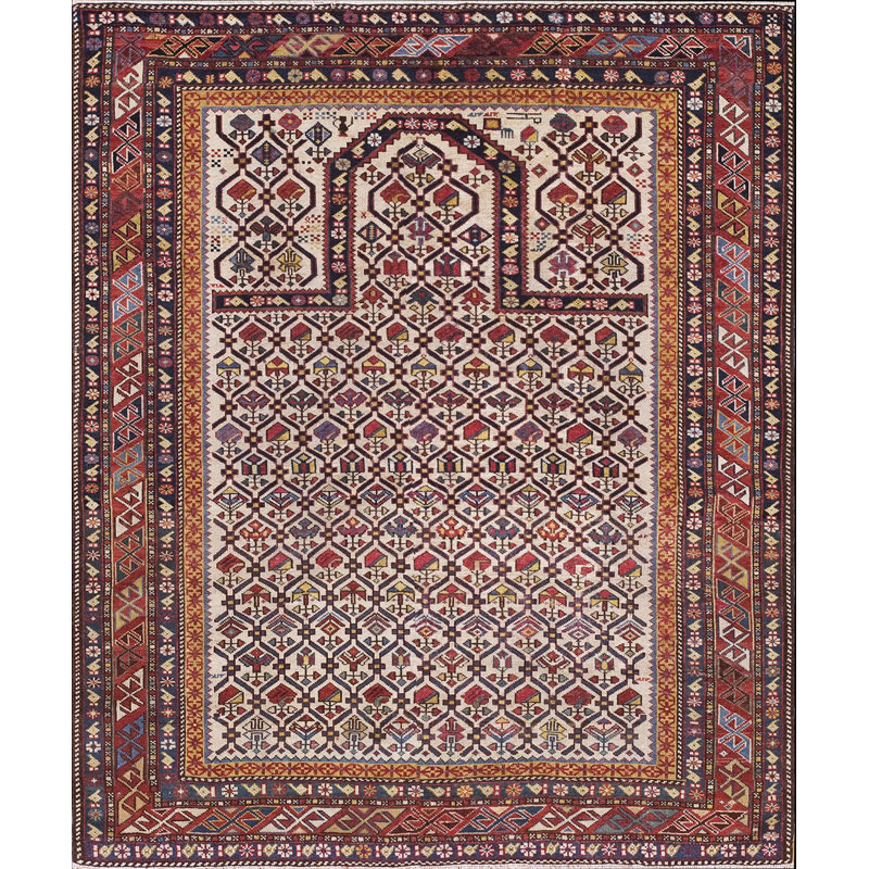 Late 19th Century Antique Caucasian Dagestan Ivory Islamic Prayer Design Rug