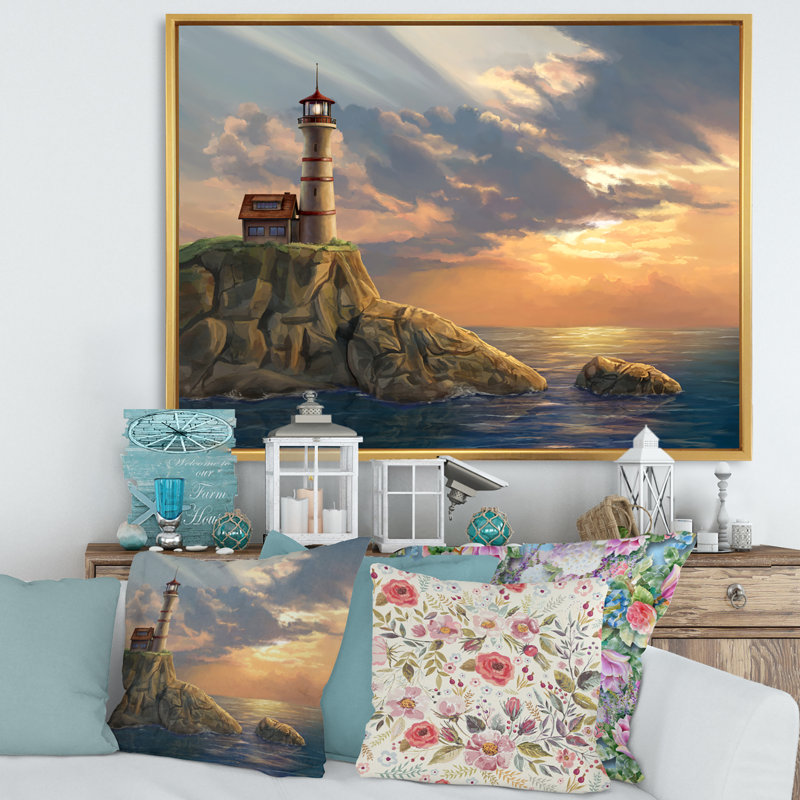 Phare sur une falaise côtière au coucher du soleil - Impression sur toile, H 12 po x l 20 po x p 1 po, Encadrement doré