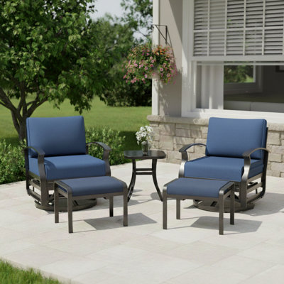 28.5" Wide Outdoor Metal Patio Glider Swivel Chair Set With Cushions & Ottomans