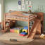 Lit mezzanine double en bois massif noyer avec glissade, escalier de rangement, armoire intégrée et barrière de sécurité pleine longueur pour enfants et adolescents