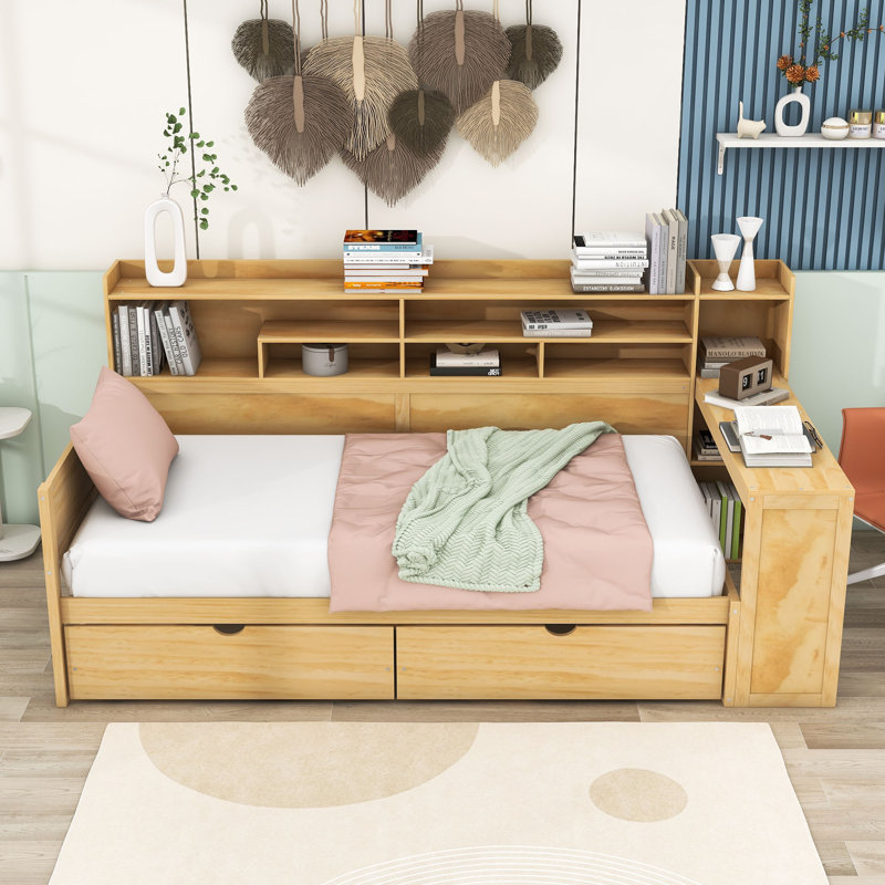 Wood 2 Drawers Daybed with Built-in Desk and Storage Shelves, Natural, Twin
