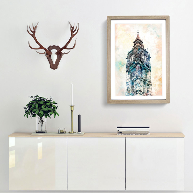 Big Ben London in Abstract - Picture Frame Painting Print, 65cm H x 48cm W x 2cm D, Oak Framed