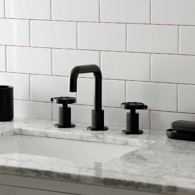 Kingston Brass Belknap Two-Handle 3-Hole Deck Mount Widespread Bathroom Faucet with Push Pop-Up Drain, Matte Black