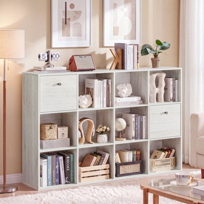 12 Cube Modular Storage Organizer with Fabric Drawers, Rustic Wood White Bookcase & Room Divider,Individual