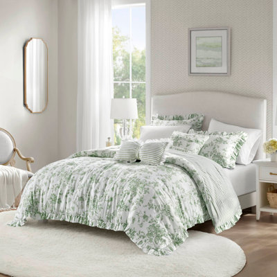 5-Piece Comforter Set with Decorative Pillows, Soft Sage Green Floral Prints, Reversible and All-Season Comfort