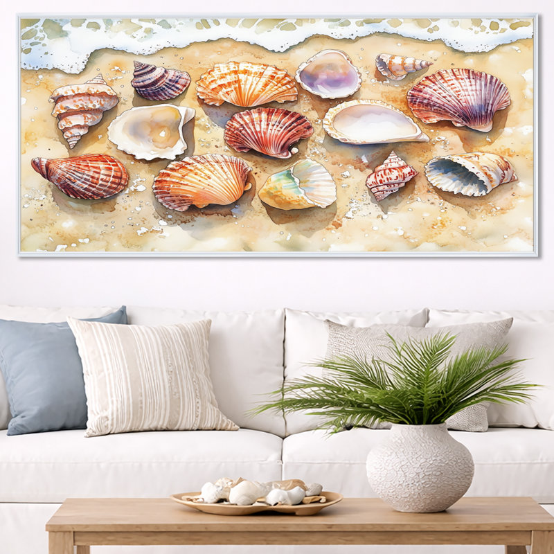 Art mural coquillage, toile de plage, coquillages sur la plage de sable, H 28 po x l 60 po, Cadre flottant blanc