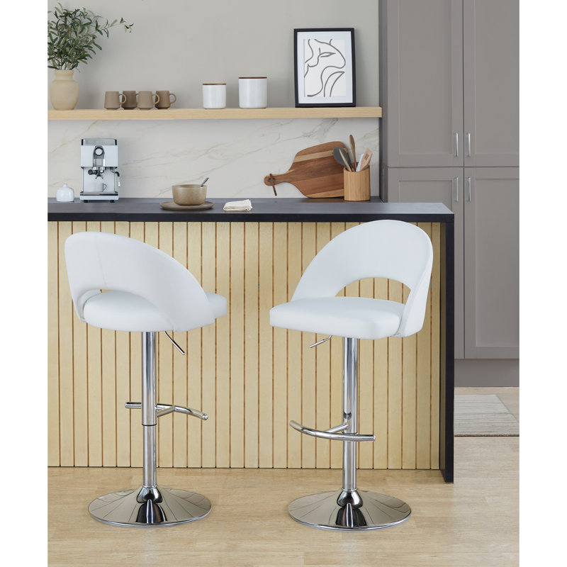 Tabouret de bar réglable avec pivot, Chrome, Blanc / similicuir