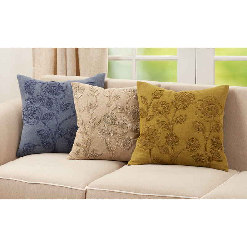 20'' Denim Stone Washed Floral Cotton Throw Pillow