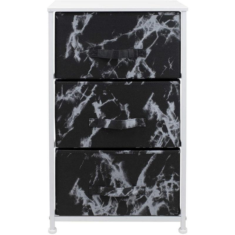White Frame Black Marble 3-Drawer Nightstand with Fabric Bins