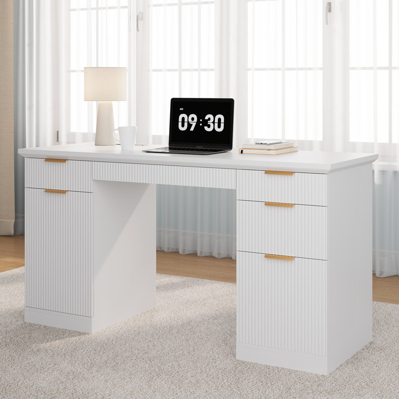 Bureau cannelé moderne avec rangement Ato, Blanc