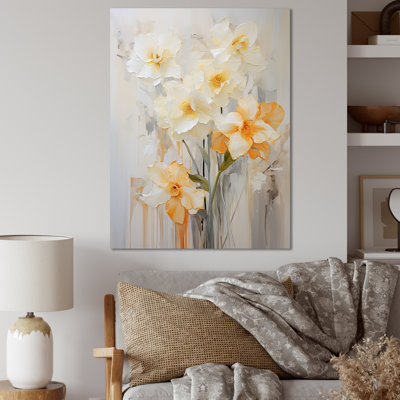 Minimalisme, fleurs de jonquilles blanches et orange I sur toile