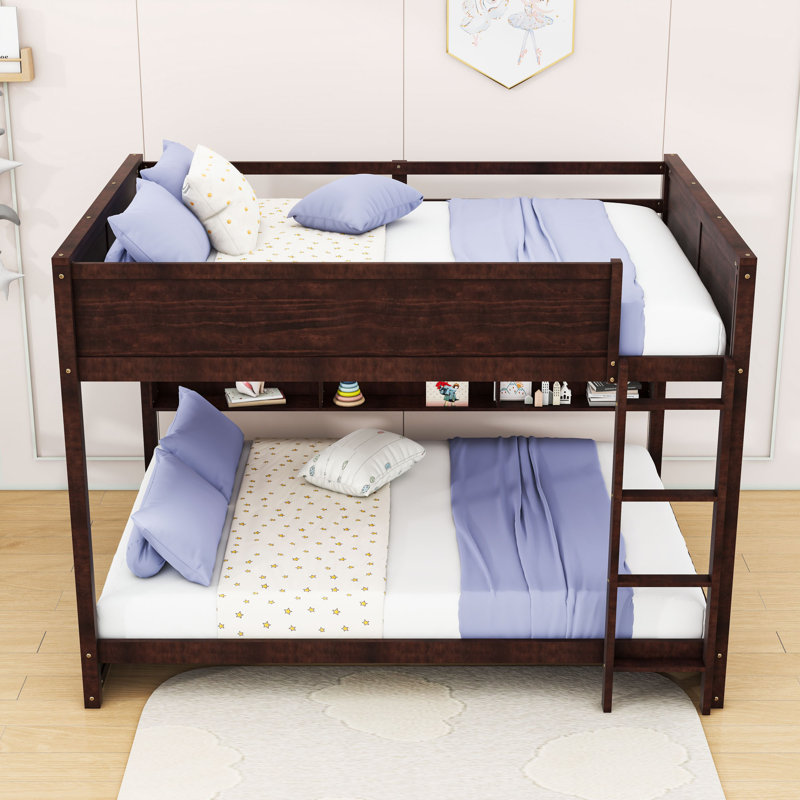Queen Over Queen Wooden Bunk Bed With Ladder And Storage Shelves, Brown