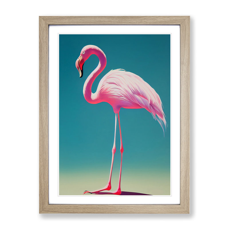 Solo Flamingo - Single Picture Frame Print, 64cm H x 46cm W x 2cm D, Oak