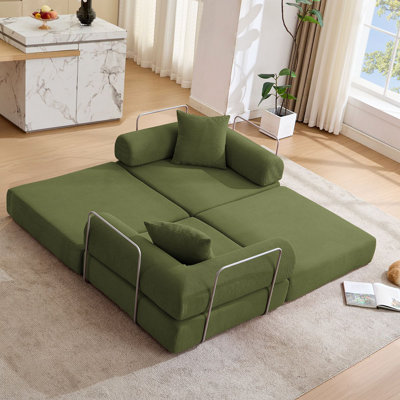 Modular Couch Sofa Bed for Apartment,Convertible Sofa Bed,Fixed-Shape Frame & Removable Armrests,Folding Mattress Couch for Small Spaces ,No Assembly ,Corduroy,Green