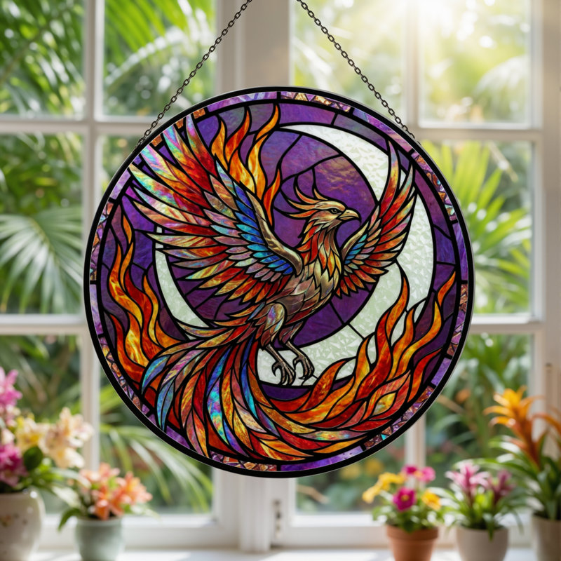 12"H Phoenix Flame Stained Glass Window Panel, 12" H x 12" W