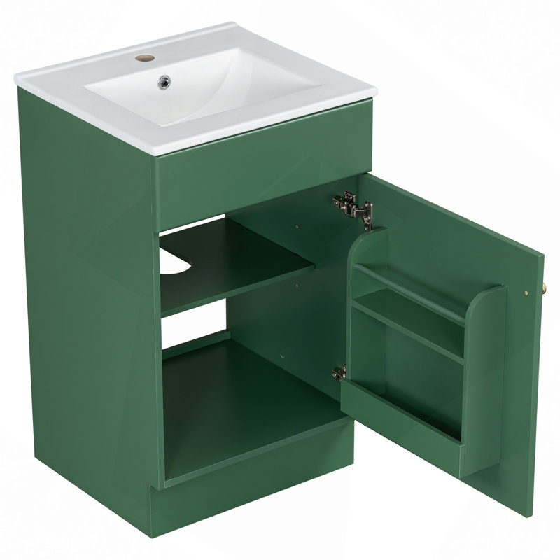 Meuble-lavabo de salle de bain avec lavabo, meuble-lavabo avec tablette de porte et tablette réglable, Vert / doré
