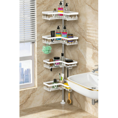 4-Tier Corner Shower Caddy Tension Pole, Rustproof Bathroom Organizer, 25-114.2 Inch, Matte White
