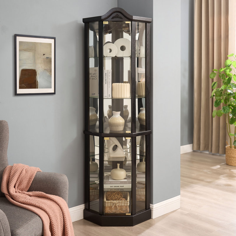 Lighted Glass Display Cabinet Corner Curio Cabinet With Adjustable Shelves Carved Cherry Decoration Wine Cabinet Perfect For Home Or Office Use-BLACK