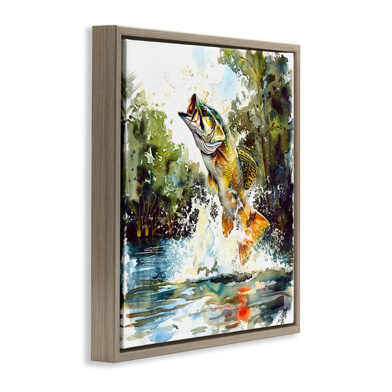  Art mural sur toile flottant, "Fish Jilling Splash" par LSR Design Studio, H 18 po x l 18 po, Cadre flottant orme Montalcino