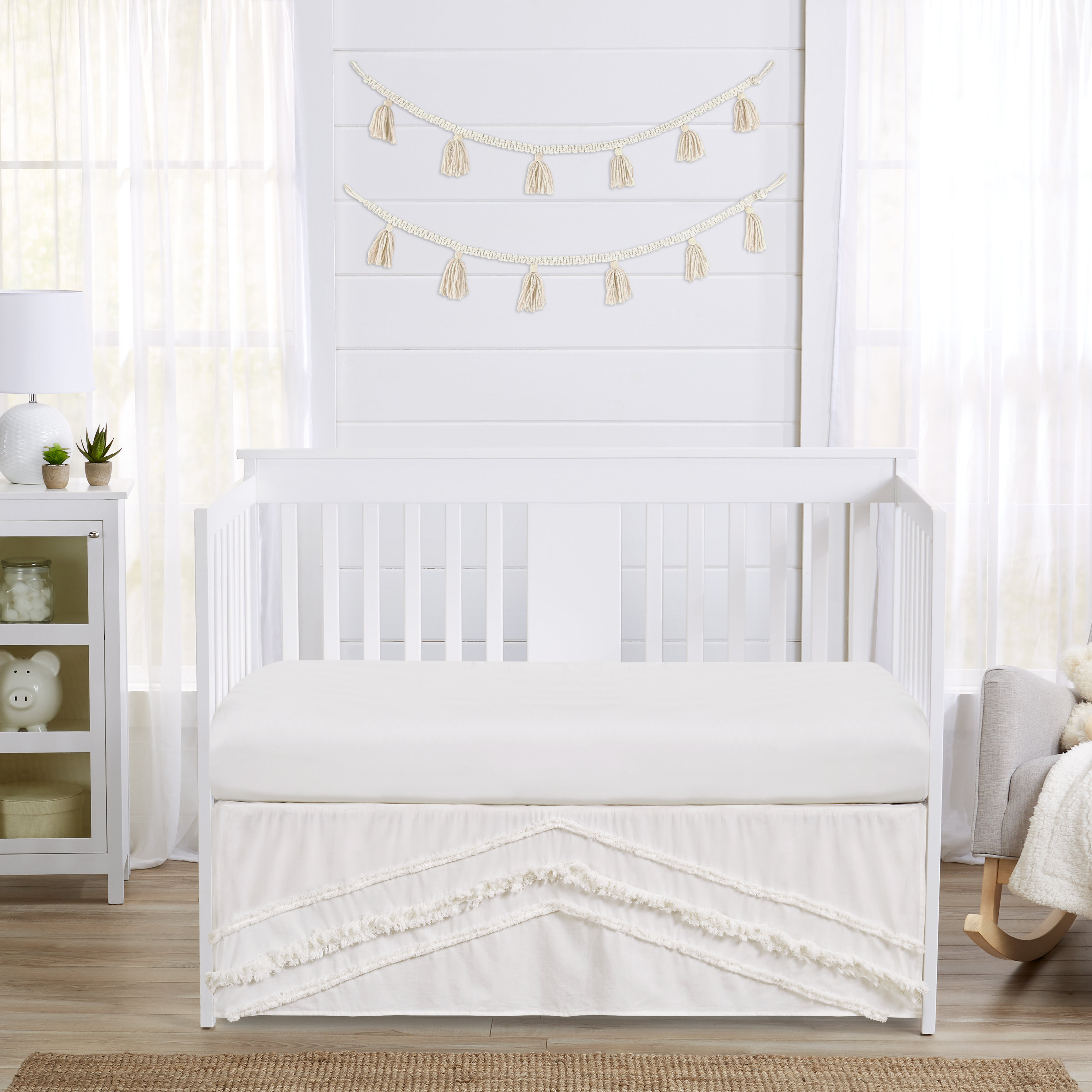 Sweet Jojo Designs Boho Fringe Ivory Tufted Dust Ruffle Crib Skirt By
