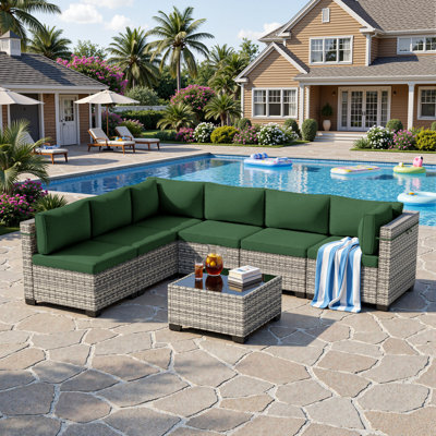 Ensemble de canapé modulaire d'extérieur 7 pièces avec osier en PEHD, coussins et table basse, ensemble de conversation modulaire pour patio