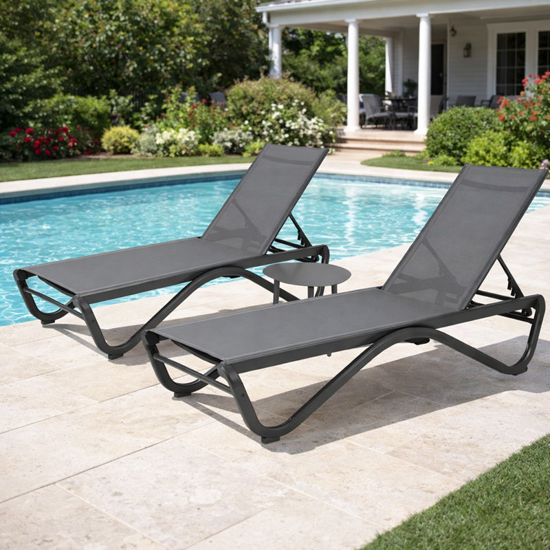 Kozyard Outdoor Chaise Lounge Chair Set, Full Aluminum Frame, Adjustable Reclining Patio Lounger for Poolside, Sunbathing & Backyard, Gray Textilene (2Chairs W/ Table)