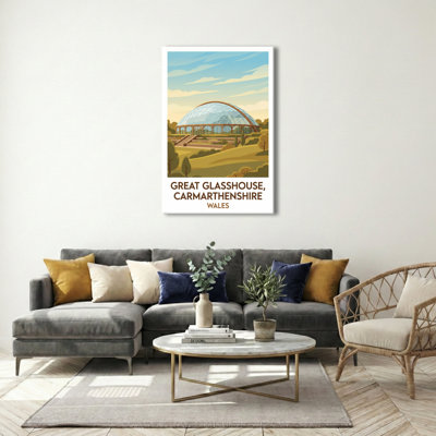 Great Glasshouse, Wales - Carmarthenshire Travel Poster: Sunlit Glass And Garden Romance. Giclee Print On Wrapped Canvas. Wall Art, Home Decor - Iconic Buildings & Architecture, Wales - Wrapped Canvas Print
