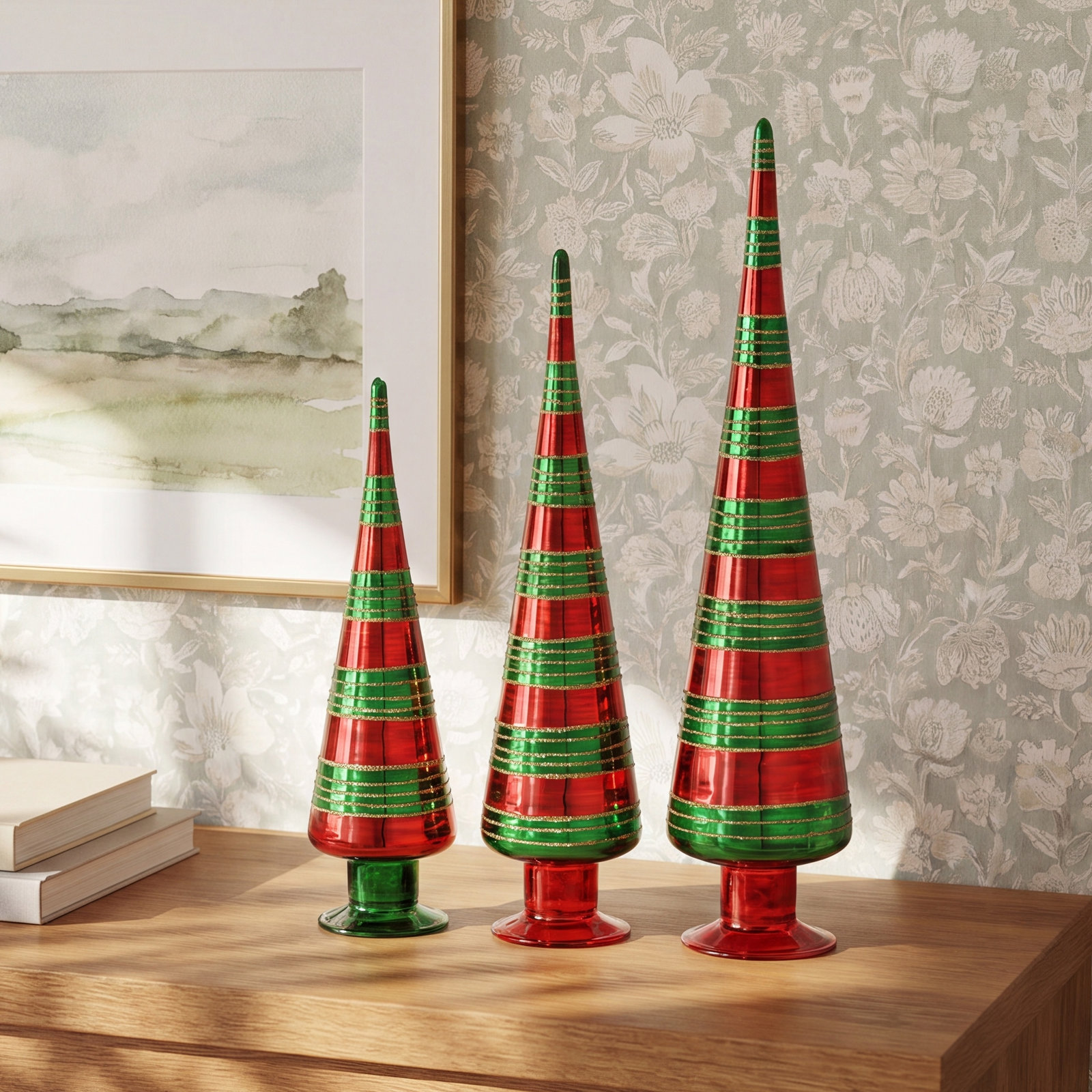 3-Piece Striped Glass Tabletop Tree Set
