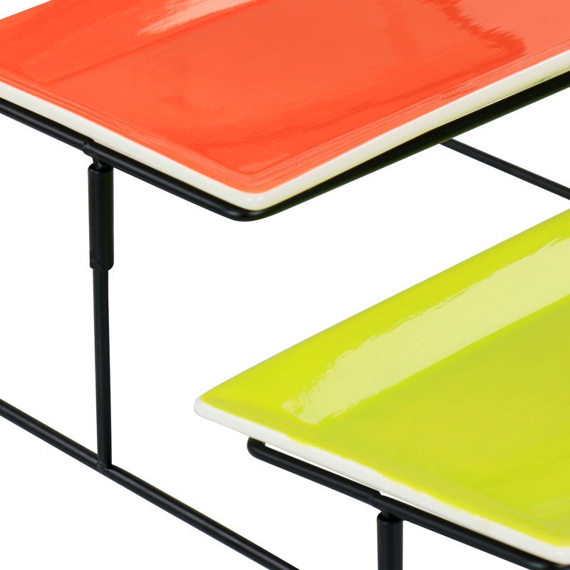 Latitude Run® Crenshaw Hand Painted Stoneware 3-Tier Serving Set With Metal Rack In Multicolor