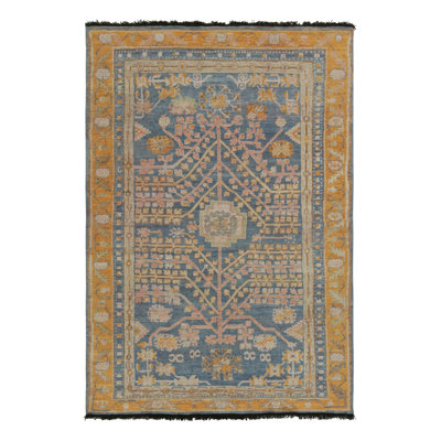 Rug & Kilim's Khotan Rug In Blue, Gold And Pink Geometric-Floral Patterns